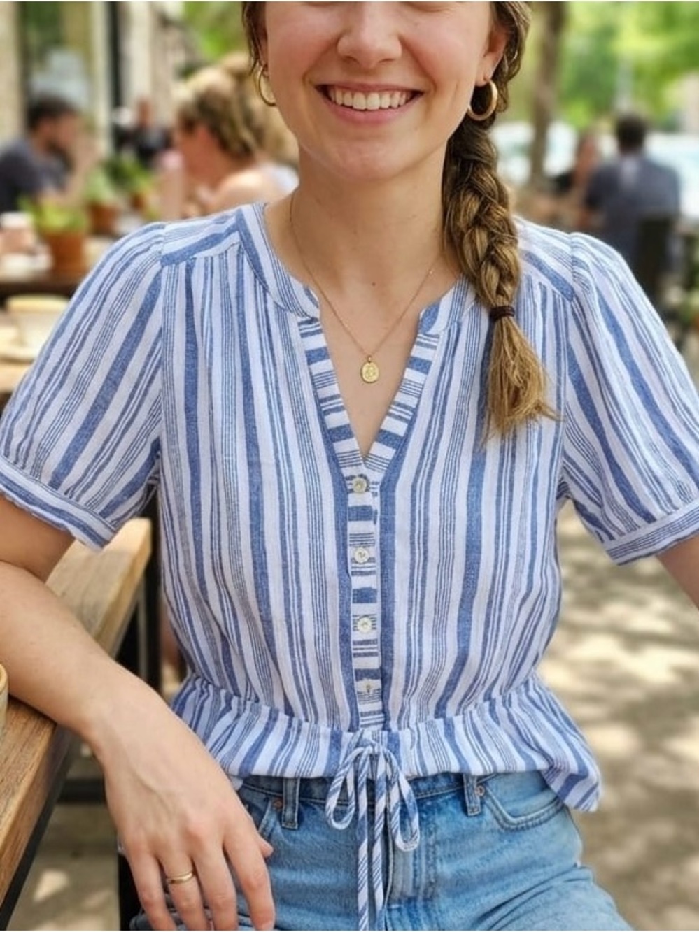 Striped Blue & White Tie-Front Women's Blouse